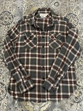 imogene + willie earl plaid button down shirt in brown and blue